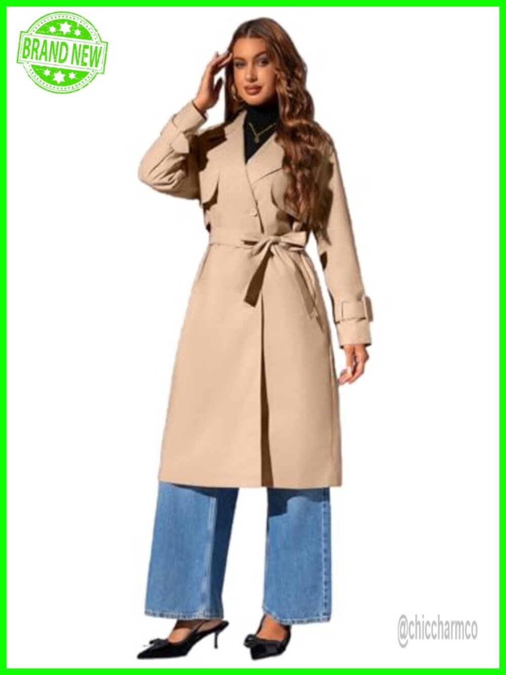 Women's Long Windproof Trench Coat Belted Waist Double Breasted